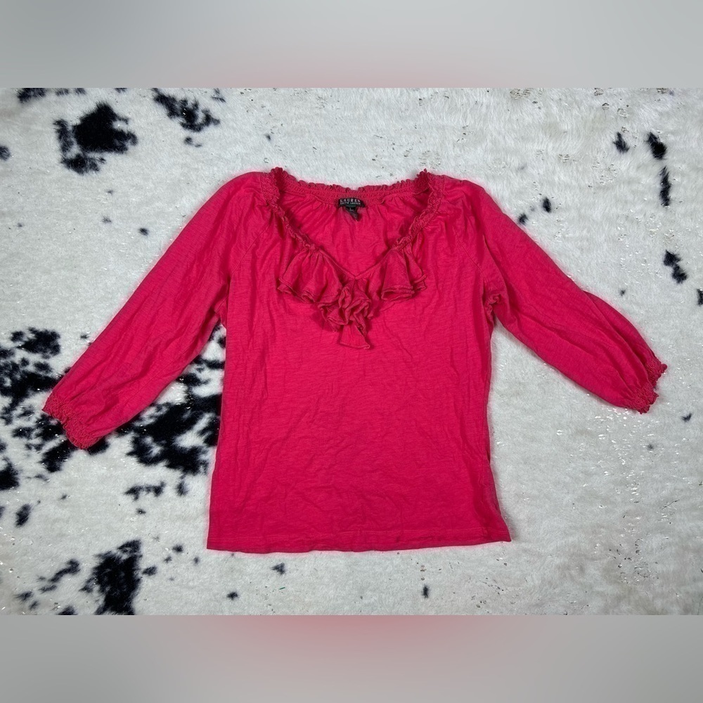 Lauren Ralph Lauren Pink Y2K 3/4 Sleeve V Neck Ruffled Blouse Size Large
